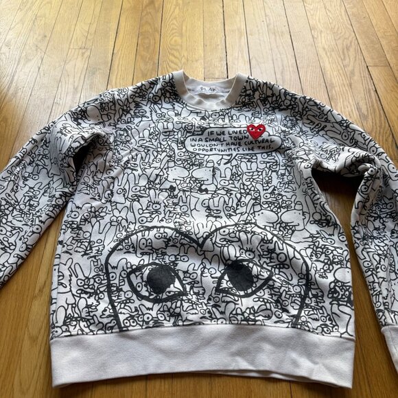 Comme Des Garçons Play Size L Black & White Doodle Graphic Print Sweatshirt - Picture 3 of 12